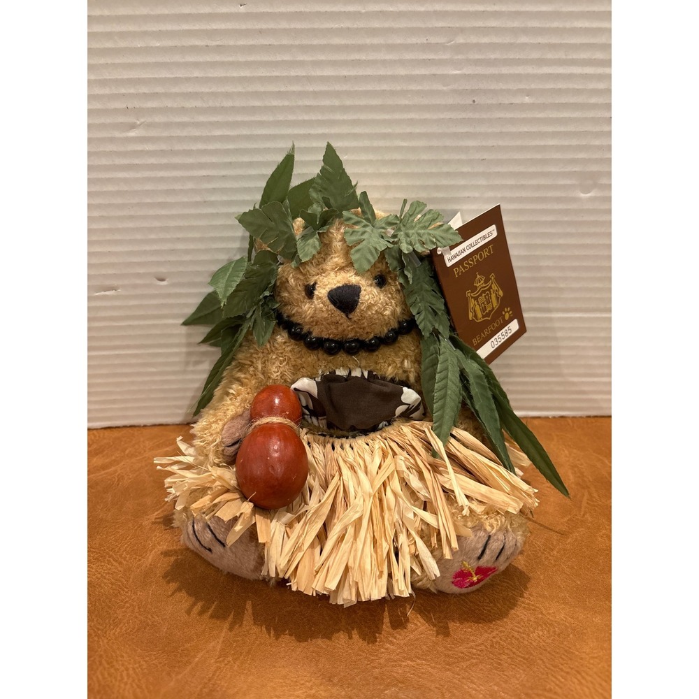 Hawaiian Collectibles Bearfoot Passport Hula Teddy Bear Plush Raffia Skirt